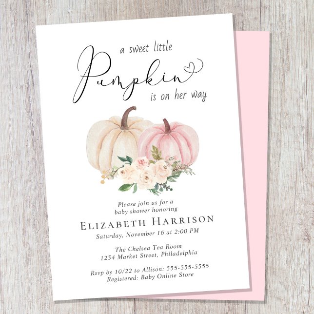 Elegant Pumpkin Floral Girl Baby Shower Einladung (Celebrate the upcoming arrival of your sweet little autumn baby with a pumpkin-themed baby shower)
