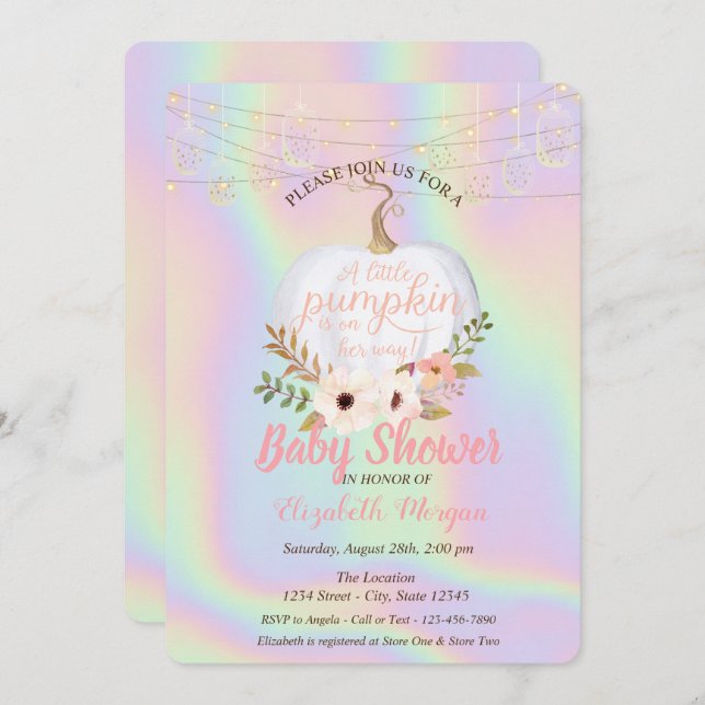 Elegant Pumpkin, florale Holographic Baby Shower Einladung (Vorne/Hinten)