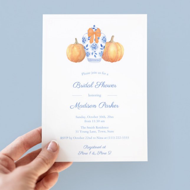 Elegant Pumpkin Ginger Jar Brautparty Party Einladung (Elegant fall watercolor blue white ginger jar bridal shower invitation with orange pumpkins and bow)
