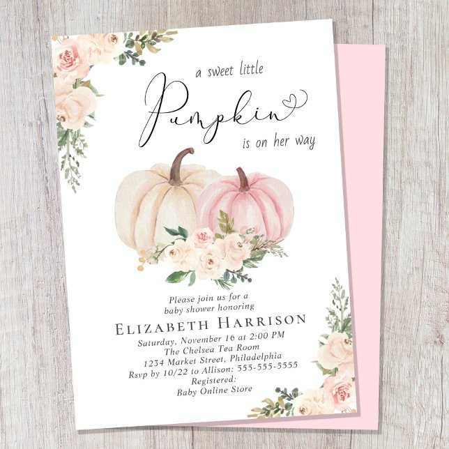 Elegant Pumpkin Pink Floral Baby Girl Dusche Einladung (Celebrate the upcoming arrival of your sweet little autumn baby with a pumpkin-themed baby shower)