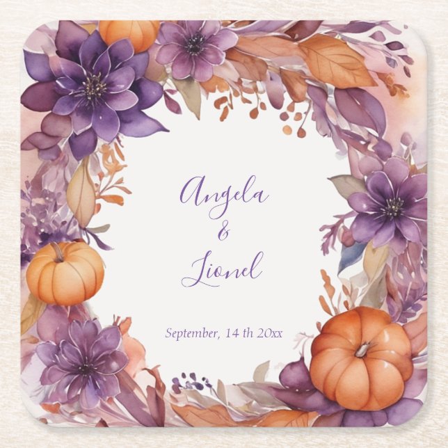 Elegant Pumpkins Purple Flowers Hochzeit Rechteckiger Pappuntersetzer (Vorderseite)