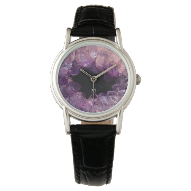 Elegant purple amethyst mineral pattern monogram armbanduhr (Vorderseite)