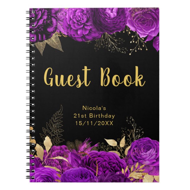 Elegant Purple and Gold Flower Birthday Guest Book Notizblock (Vorderseite)