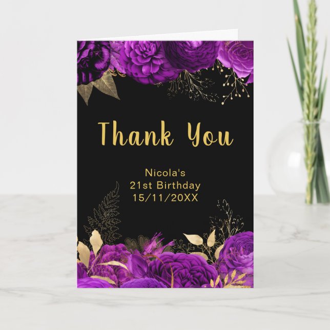 Elegant Purple and Gold Flowers Birthday Party Dankeskarte (Vorderseite)
