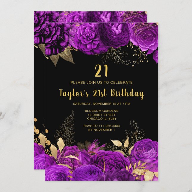 Elegant Purple and Gold Flowers Birthday Party Einladung
