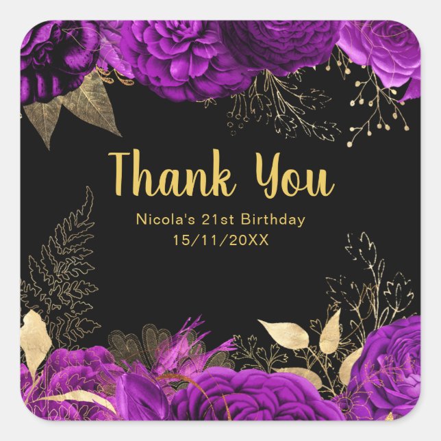 Elegant Purple and Gold Flowers Birthday Party Quadratischer Aufkleber (Vorderseite)