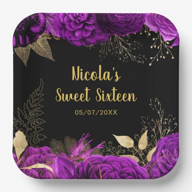 Elegant Purple and Gold Flowers Sweet Sixteen  Pappteller (Vorderseite)