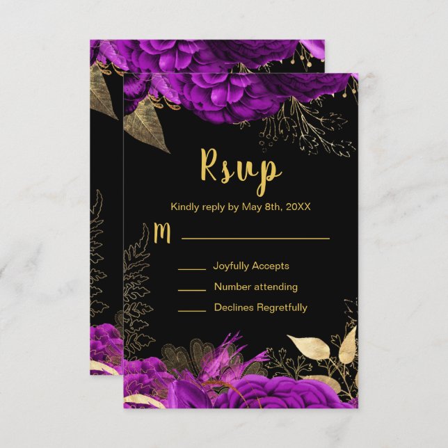 Elegant Purple and Gold Flowers Sweet Sixteen RSVP Karte (Vorne/Hinten)