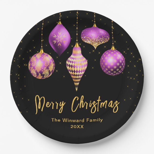 Elegant Purple and Gold Ornament Christmas Pappteller (Vorderseite)