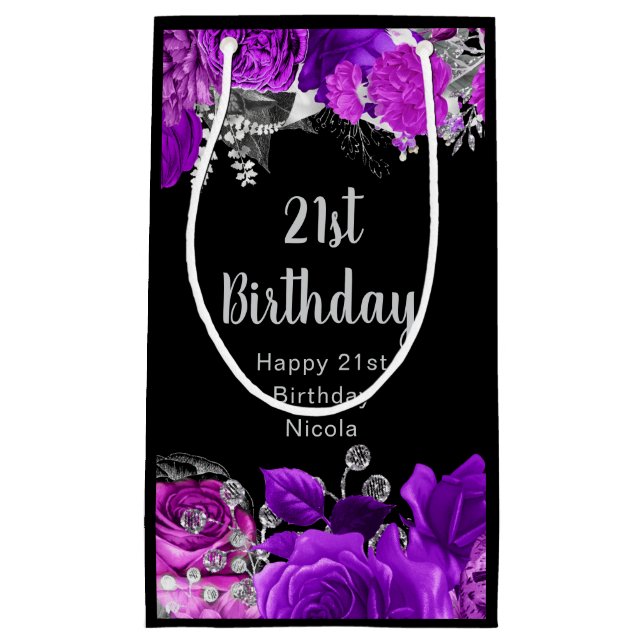 Elegant Purple and Silver Flowers Birthday  Kleine Geschenktüte (Vorderseite)