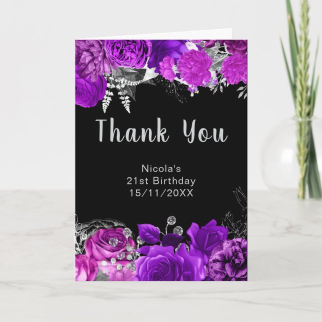 Elegant Purple and Silver Flowers Birthday Party  Dankeskarte (Vorderseite)