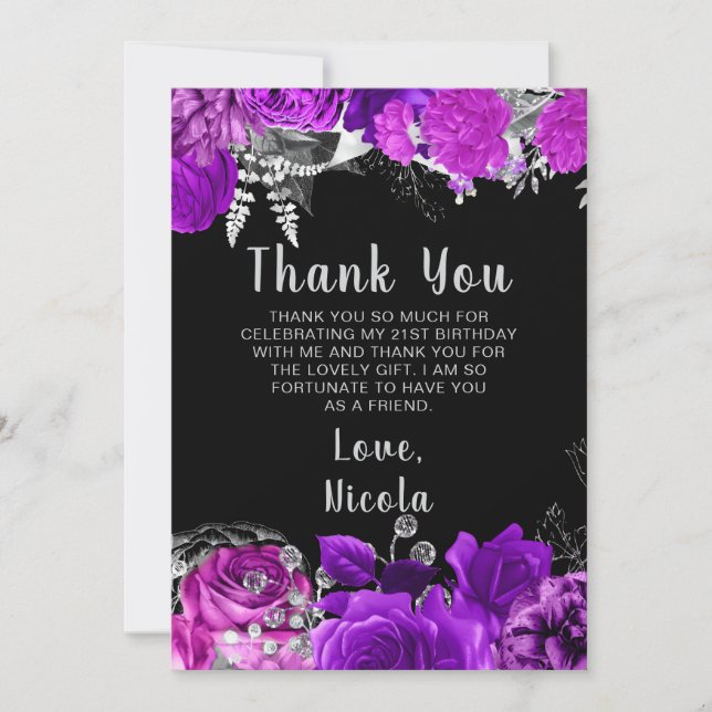 Elegant Purple and Silver Flowers Birthday Party  Dankeskarte (Vorderseite)