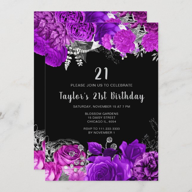 Elegant Purple and Silver Flowers Birthday Party Einladung (Vorne/Hinten)
