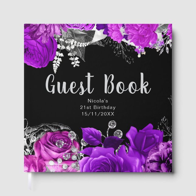 Elegant Purple and Silver Flowers Birthday Party Gästebuch (Vorderseite)
