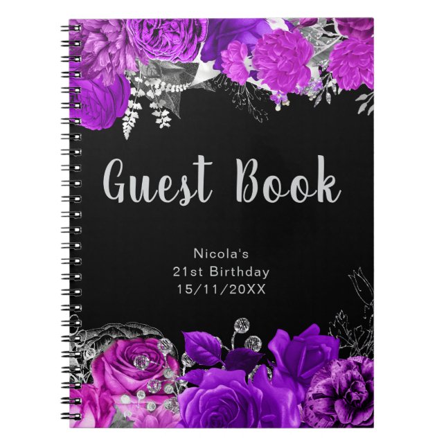 Elegant Purple and Silver Flowers Guest Book Notizblock (Vorderseite)