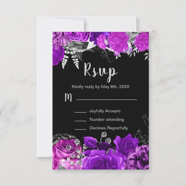 Elegant Purple and Silver Flowers Sweet Sixteen  RSVP Karte (Vorderseite)