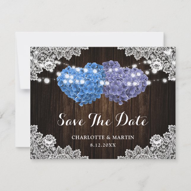 Elegant Purple Blue Floral Lace Wood Wedding Save The Date (Vorderseite)