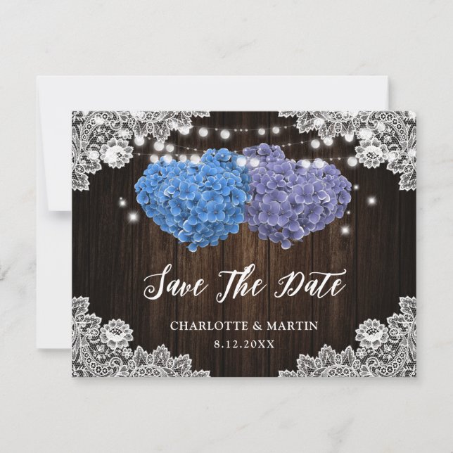 Elegant Purple Blue Floral Lace Wood Wedding Save The Date (Vorderseite)