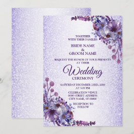Elegant Purple Blue Pink Floral Glitter Wedding Einladung