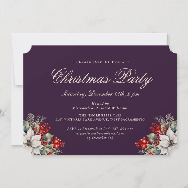 Elegant Purple Botanical Christmas Holiday Party Einladung (Vorderseite)