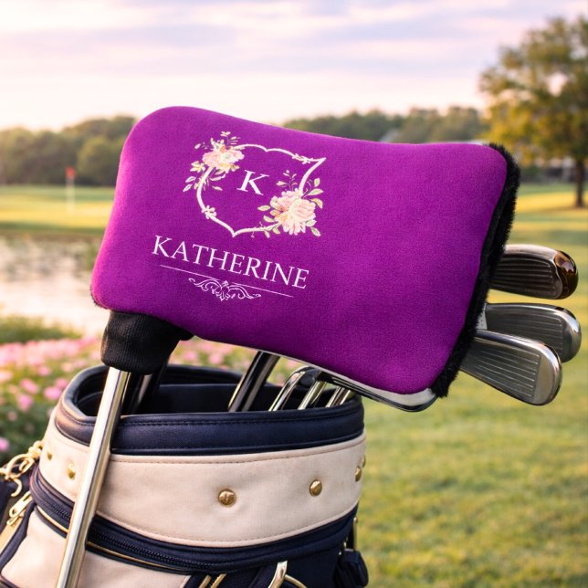Elegant Purple Botanical Crest Feminine Monogram Golf Headcover (purple crest monogram golf head cover)