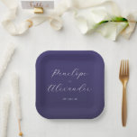 Elegant Purple Calligraphy Pappteller<br><div class="desc">This elegant wedding plate features a sophisticated design with a deep purple background and light cream text. The layout is minimalistic, showcasing two names in an elegant cursive script connected by the word "AND" in uppercase letters, followed by a date in a clean sans-serif font. The typography creates a refined...</div>