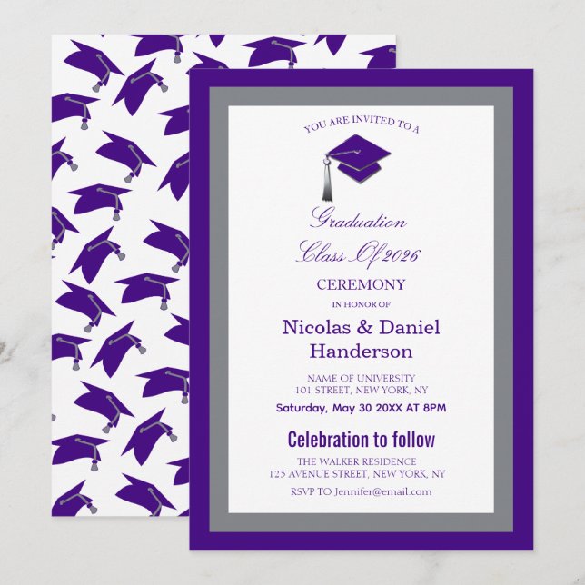 Elegant purple caps graduation ceremony invitation einladung (Vorne/Hinten)