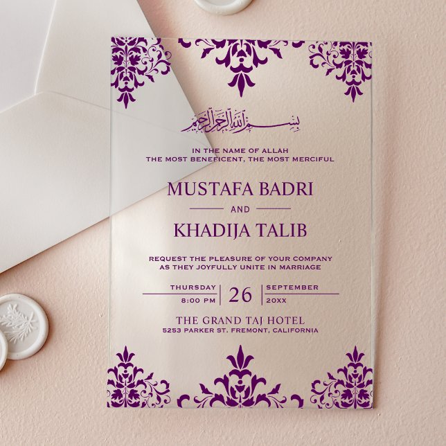 Elegant Purple Damask Islamic Wedding Acryleinladungen (Von Creator hochgeladen)