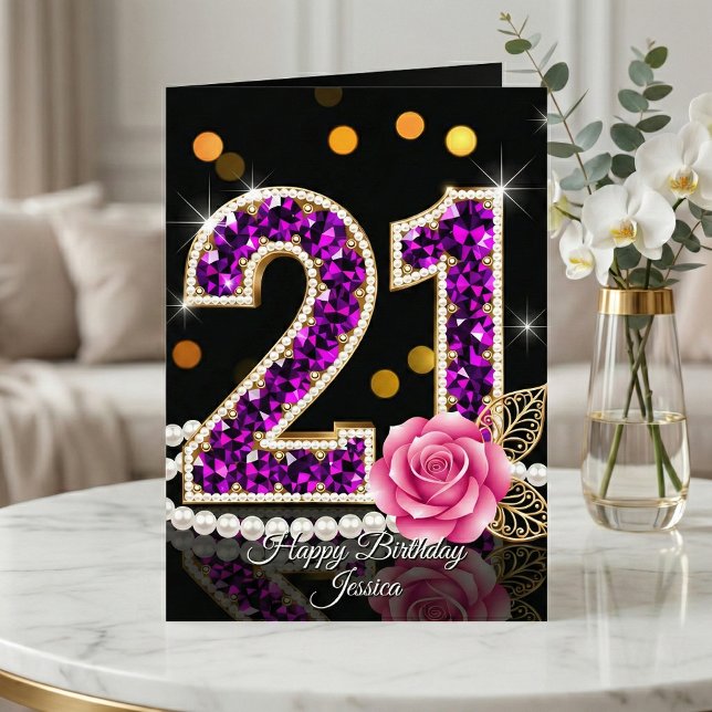 Elegant Purple Diamond Pearl Rose 21st Birthday Karte (Von Creator hochgeladen)