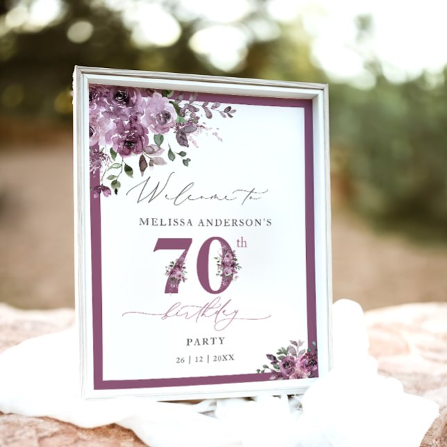 Elegant Purple Floral 70th Birthday Welcome Poster (Von Creator hochgeladen)
