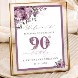 Elegant Purple Floral 90th Birthday Welcome Poster