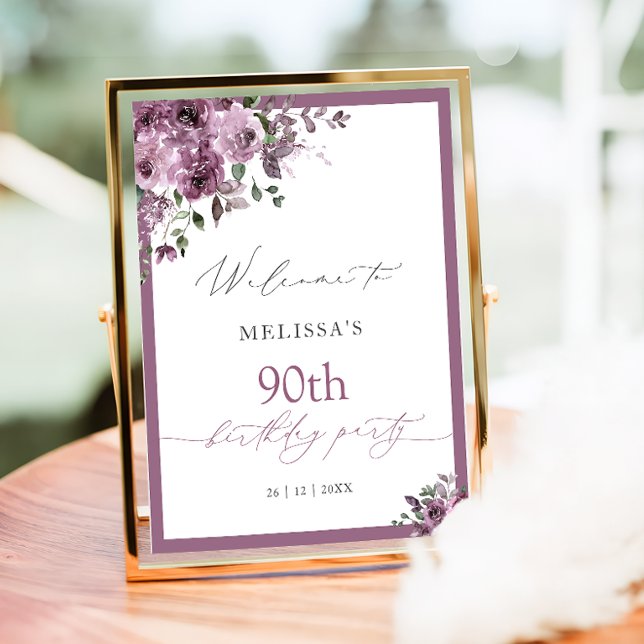 Elegant Purple Floral Any Age Birthday Welcome Poster (Von Creator hochgeladen)
