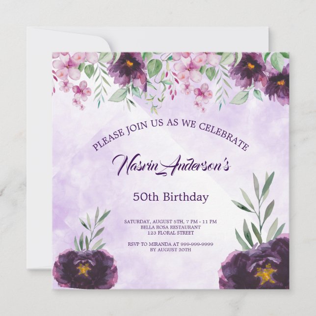 Elegant Purple Floral Birthday Invitation (Vorderseite)