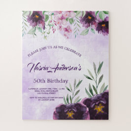 Elegant Purple Floral Birthday Invitation Puzzle