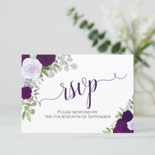 Elegant Purple Floral Calligraphy Wedding RSVP Karte