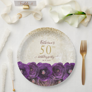 Elegant Purple Floral Gold 50th Birthday Party Pappteller