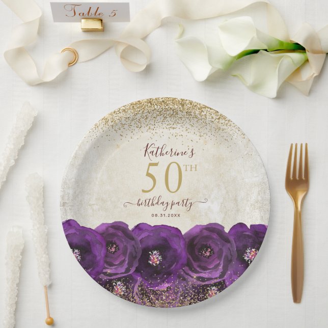Elegant Purple Floral Gold 50th Birthday Party Pappteller (Hochzeit)