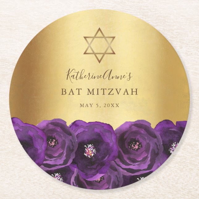 Elegant Purple Floral Gold Bat Mitzvah Runder Pappuntersetzer