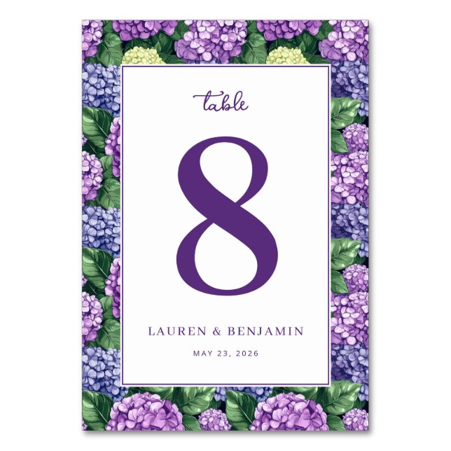 Elegant Purple Floral Hydrangea Tischnummer (Vorderseite)