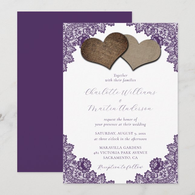 Elegant Purple Floral Lace Burlap Hearts Wedding Einladung (Vorne/Hinten)