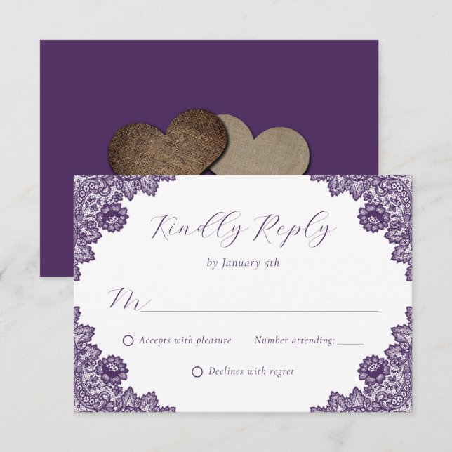 Elegant Purple Floral Lace Burlap Hearts Wedding RSVP Karte (Vorne/Hinten)