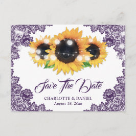 Elegant Purple Floral Lace Sunflower Wedding Ankündigungspostkarte