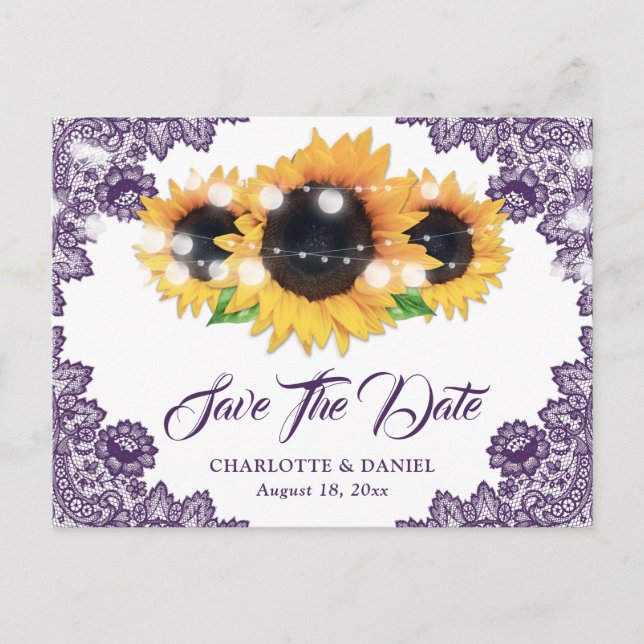 Elegant Purple Floral Lace Sunflower Wedding Ankündigungspostkarte (Vorderseite)