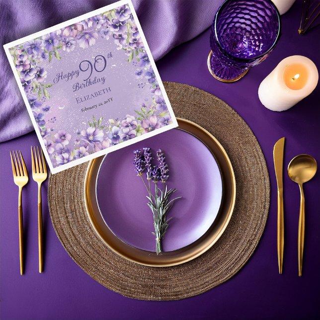 Elegant Purple Floral Violets 90th Birthday Party  Serviette (Elegant Purple Floral Violets 90th Birthday Party Napkins)