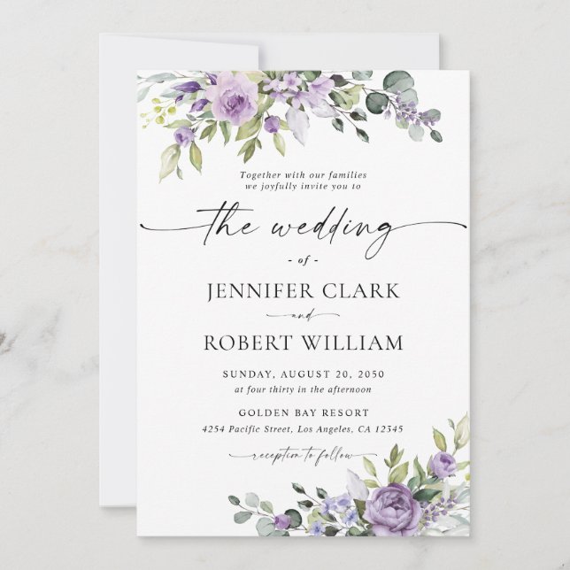 Elegant Purple Floral Wedding Invitation Einladung (Vorderseite)