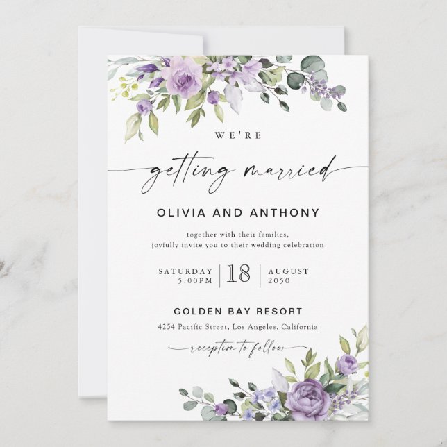 Elegant Purple Floral Wedding Invitation Einladung (Vorderseite)