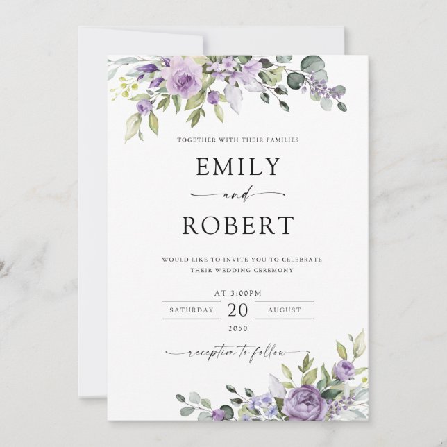 Elegant Purple Floral Wedding Invitation Einladung (Vorderseite)