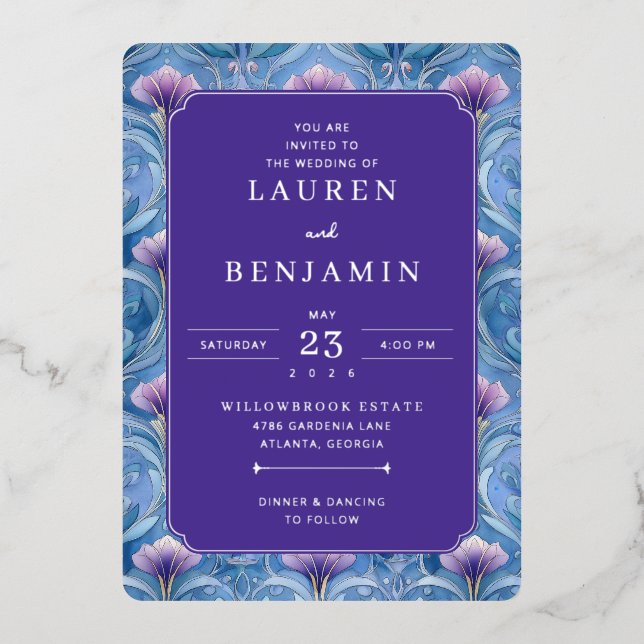 Elegant Purple Floral Wedding Invitation Folieneinladung (Vorderseite)