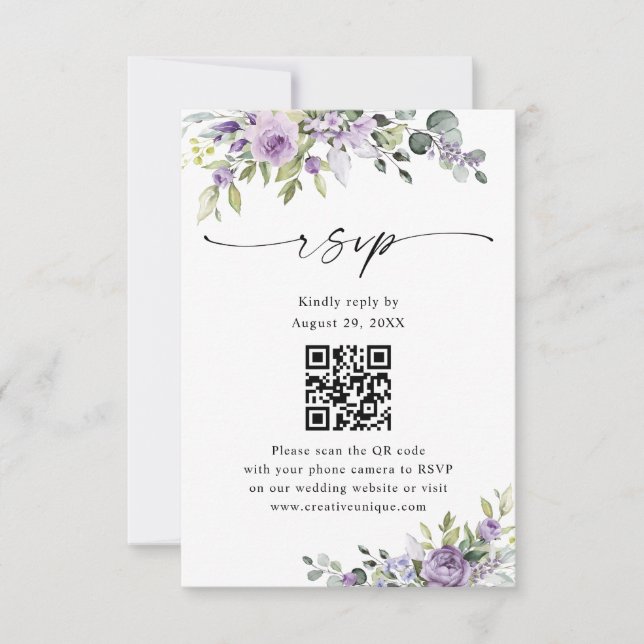 Elegant Purple Floral Wedding Website QR Code RSVP Karte (Vorderseite)