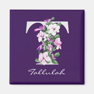 Elegant Purple Floral White Metallic T Monogram Magnet